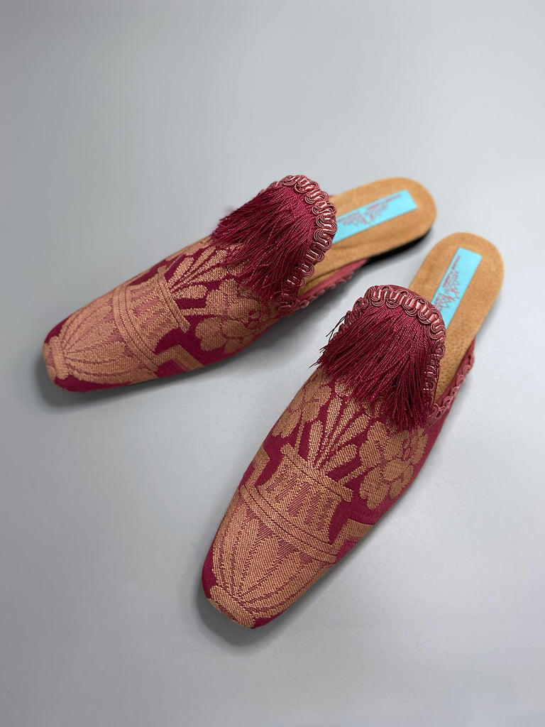 Rose pink silk brocade extended toe shoes with tassel and braid embellishment, created from antique textiles by Pavilion Parade