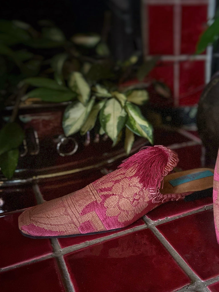 Rose pink silk brocade extended toe shoes with tassel and braid embellishment, created from antique textiles by Pavilion Parade