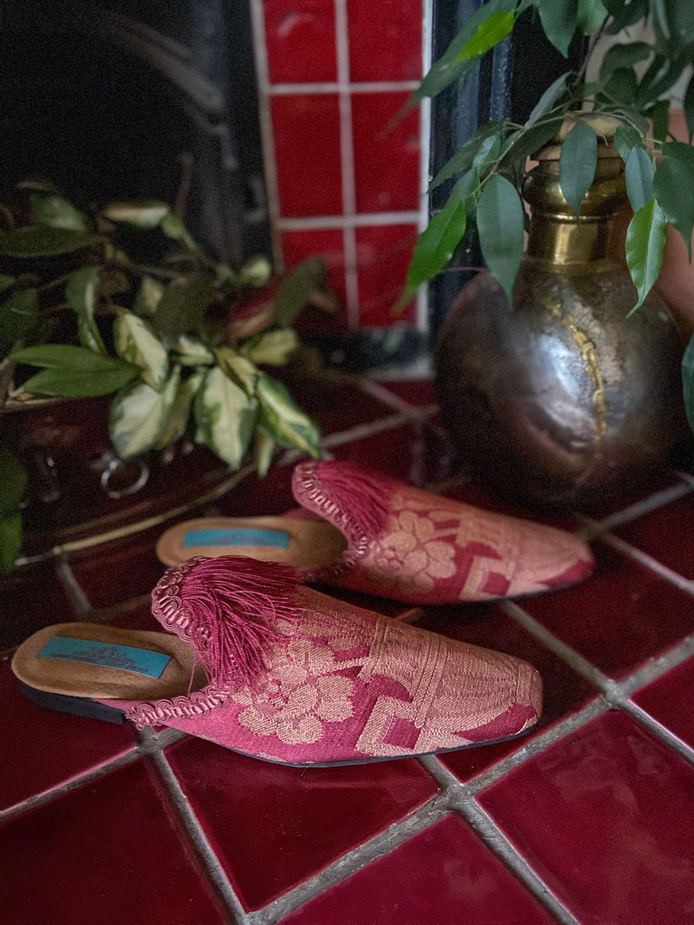 Rose pink silk brocade extended toe shoes with tassel and braid embellishment, created from antique textiles by Pavilion Parade