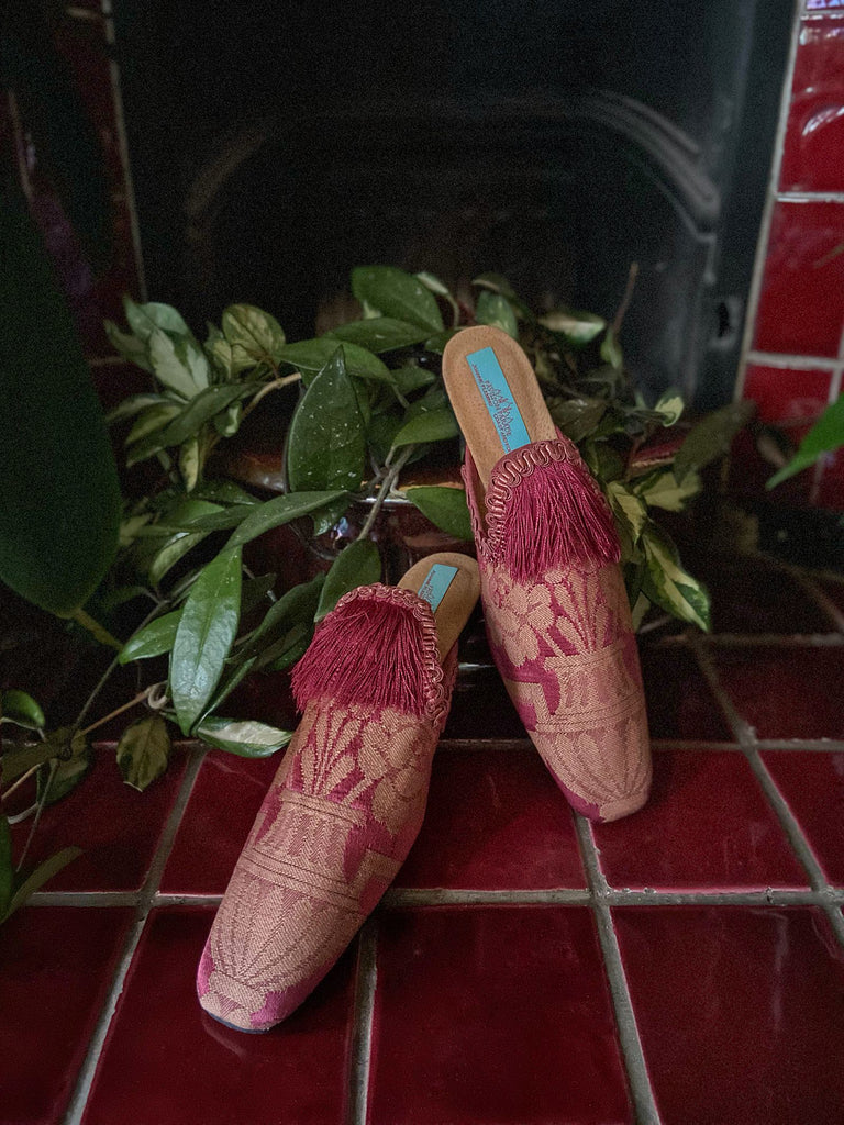 Rose pink silk brocade extended toe shoes with tassel and braid embellishment, created from antique textiles by Pavilion Parade