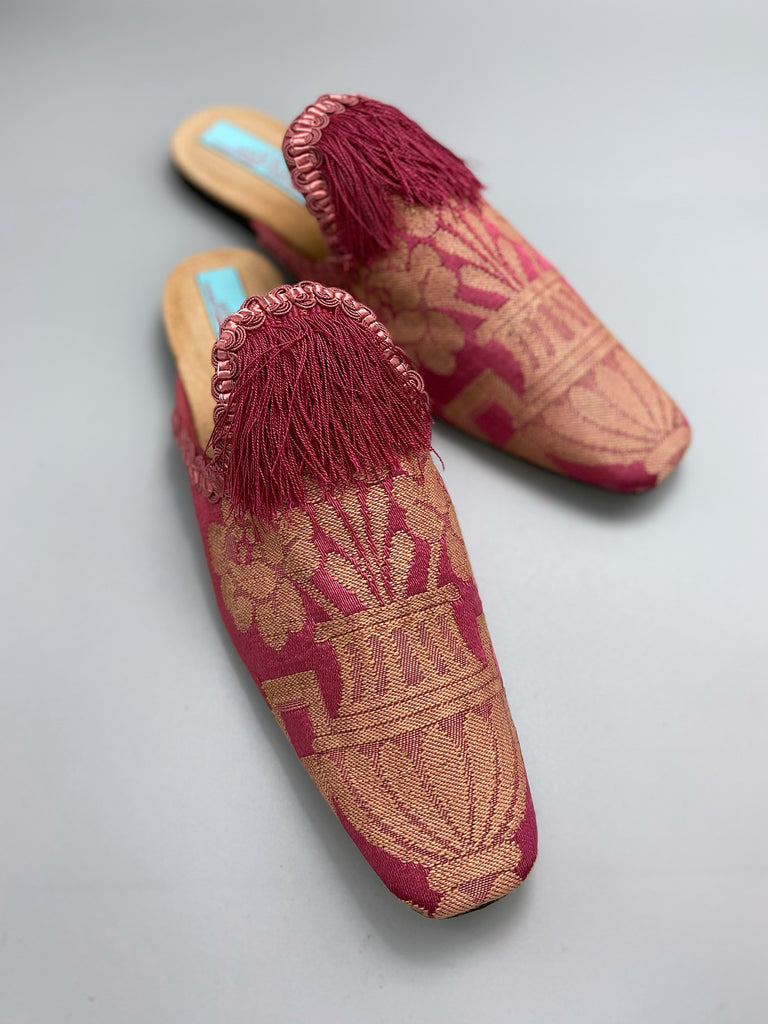 Rose pink silk brocade extended toe shoes with tassel and braid embellishment, created from antique textiles by Pavilion Parade