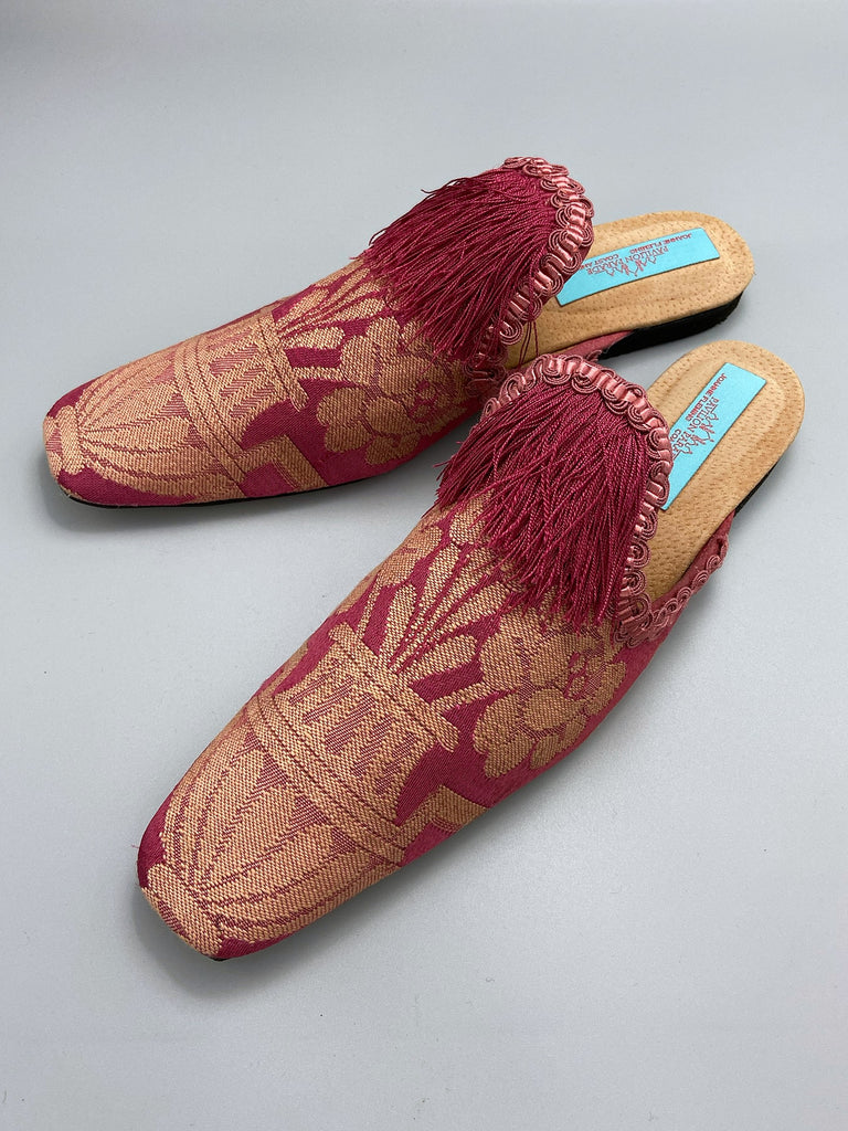 Rose pink silk brocade extended toe shoes with tassel and braid embellishment, created from antique textiles by Pavilion Parade