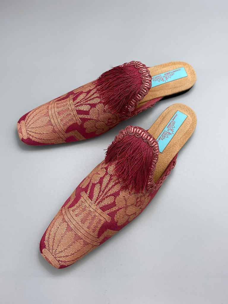 Rose pink silk brocade extended toe shoes with tassel and braid embellishment, created from antique textiles by Pavilion Parade