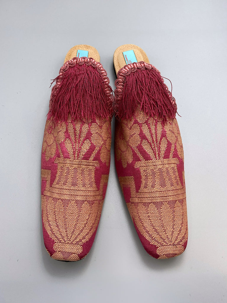 Rose pink silk brocade extended toe shoes with tassel and braid embellishment, created from antique textiles by Pavilion Parade
