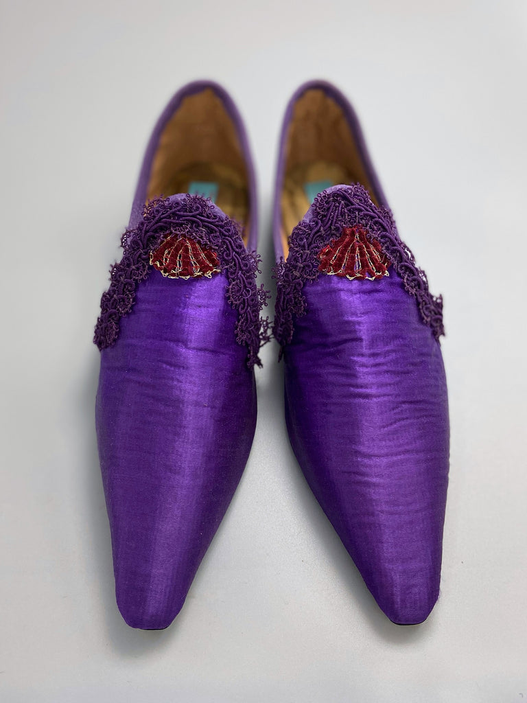 Purple silk satin pointed toe bohemian shoes with red silk chenille  and cord passementerie embellishment. Created from antique textiles by Pavilion Parade.