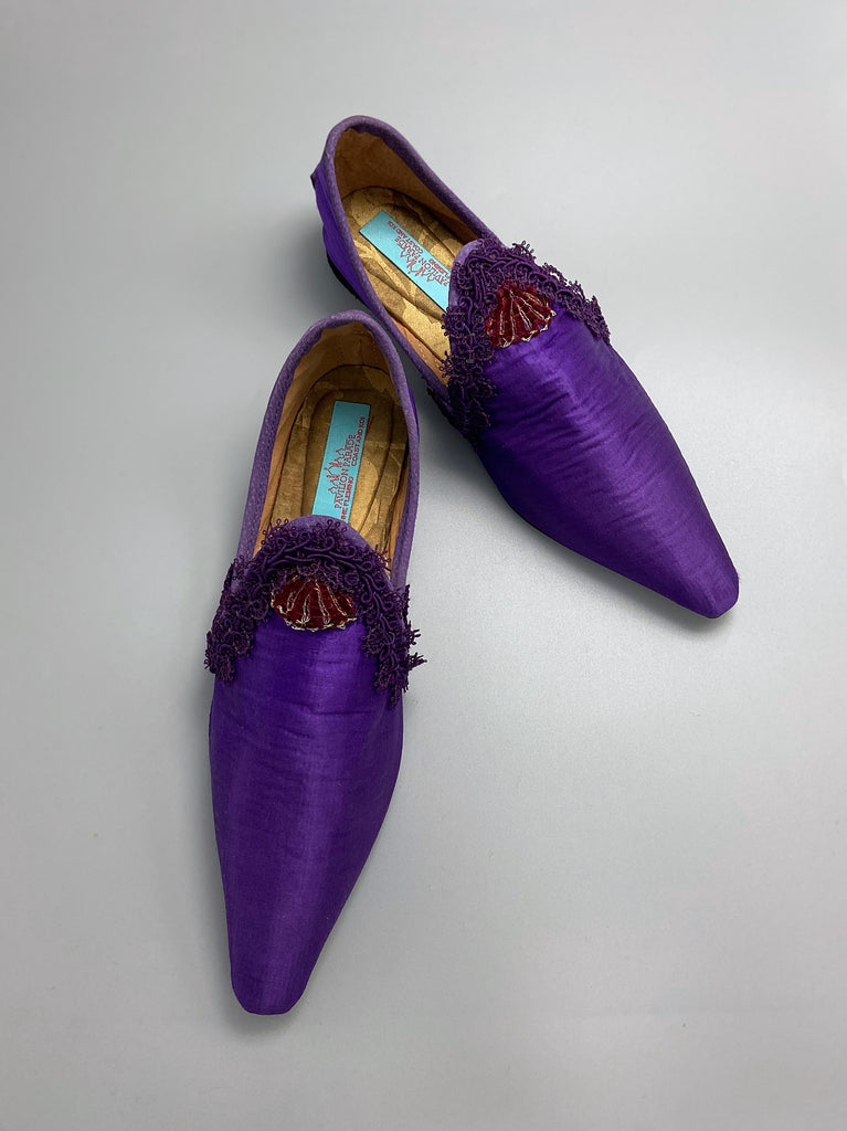 Purple silk satin pointed toe bohemian shoes with red silk chenille  and cord passementerie embellishment. Created from antique textiles by Pavilion Parade.