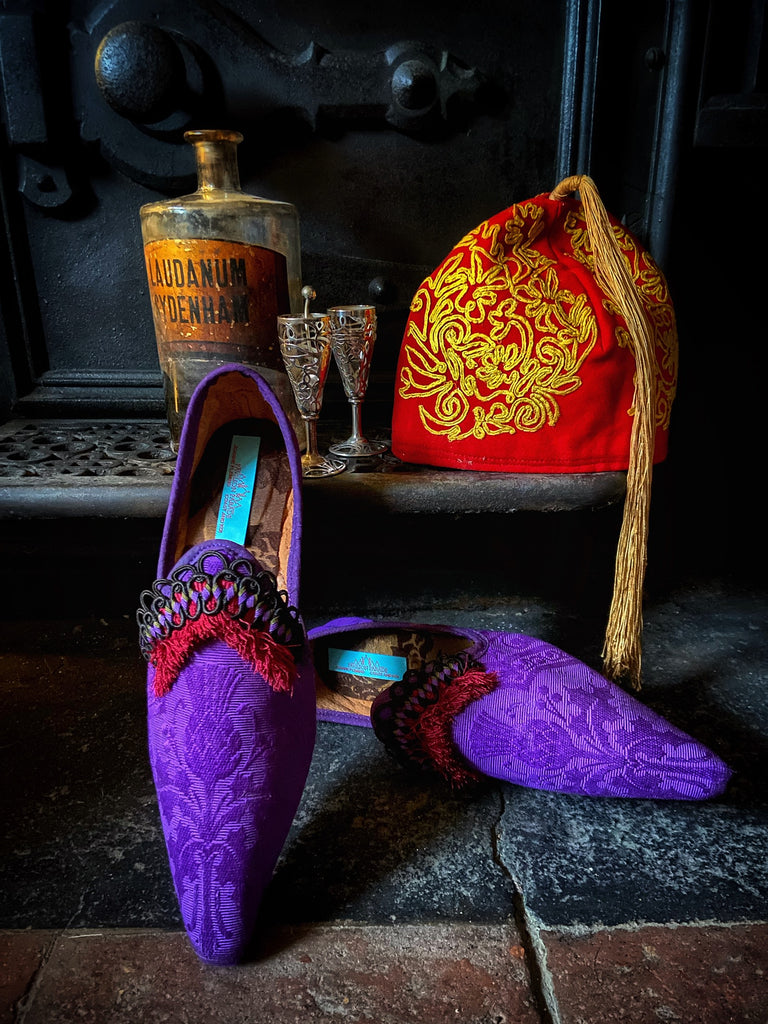 Purple silk shoes with Scottish thistle motif and dark red Florentine tassel fringe and Victorian black silk soutache cord embellishment. Created from antique textiles by Pavilion Parade.