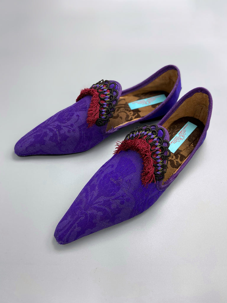 Purple silk shoes with Scottish thistle motif and dark red Florentine tassel fringe and Victorian black silk soutache cord embellishment. Created from antique textiles by Pavilion Parade.