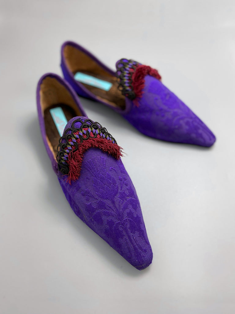 Purple silk shoes with Scottish thistle motif and dark red Florentine tassel fringe and Victorian black silk soutache cord embellishment. Created from antique textiles by Pavilion Parade.