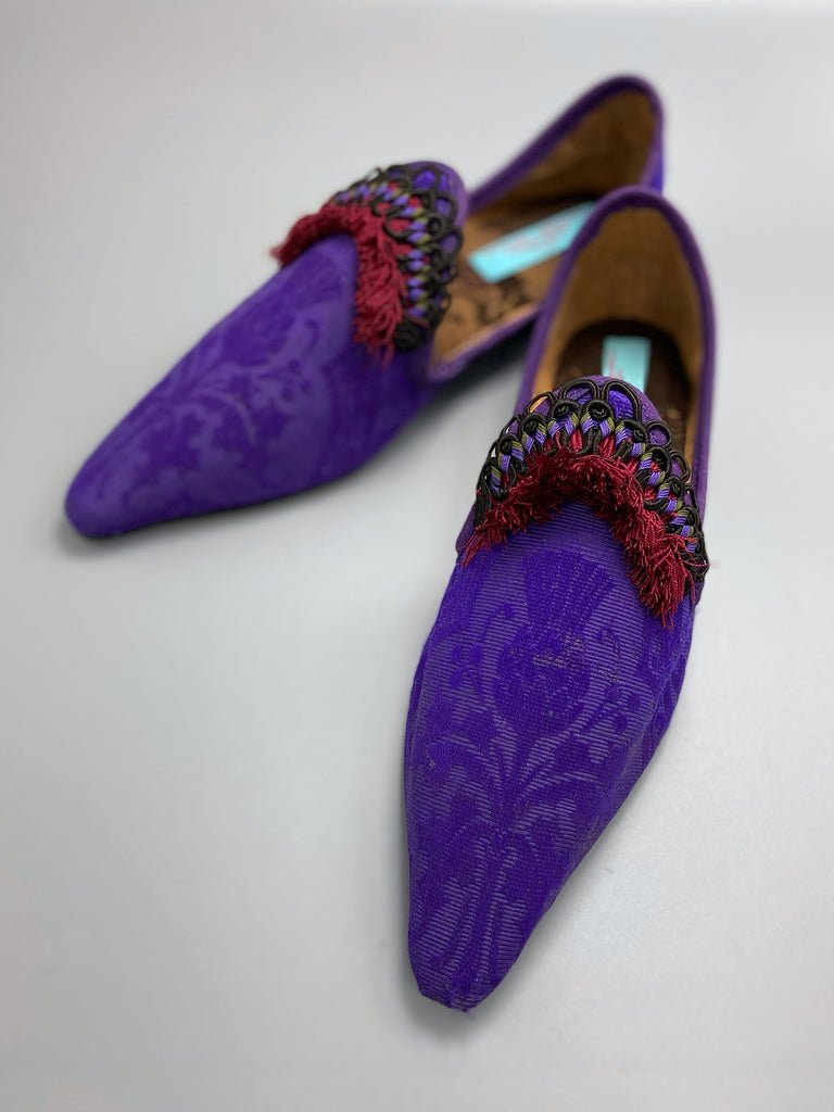 Purple silk shoes with Scottish thistle motif and dark red Florentine tassel fringe and Victorian black silk soutache cord embellishment. Created from antique textiles by Pavilion Parade.
