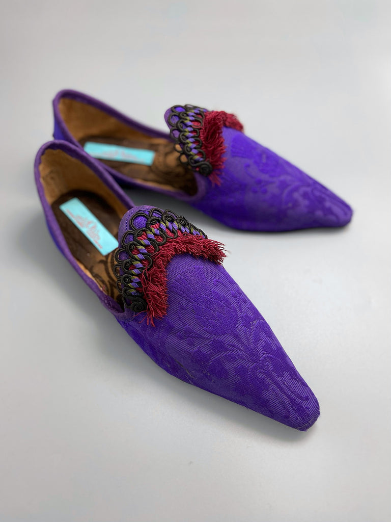 Purple silk shoes with Scottish thistle motif and dark red Florentine tassel fringe and Victorian black silk soutache cord embellishment. Created from antique textiles by Pavilion Parade.