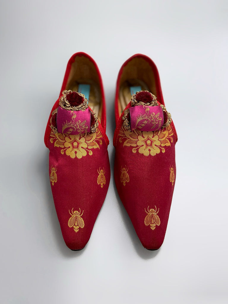 Napoleon bees and wreath silk bohemian shoes created from antique textiles by Pavilion Parade. Raspberry red, pink and gold.