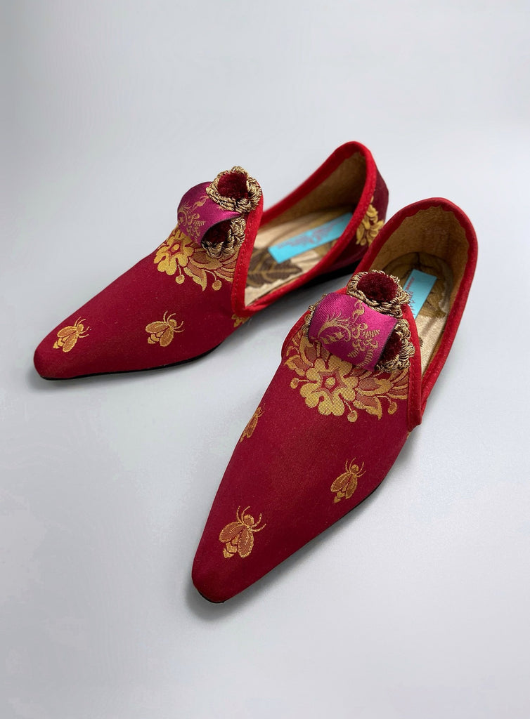 Napoleon bees and wreath silk bohemian shoes created from antique textiles by Pavilion Parade. Raspberry red, pink and gold.