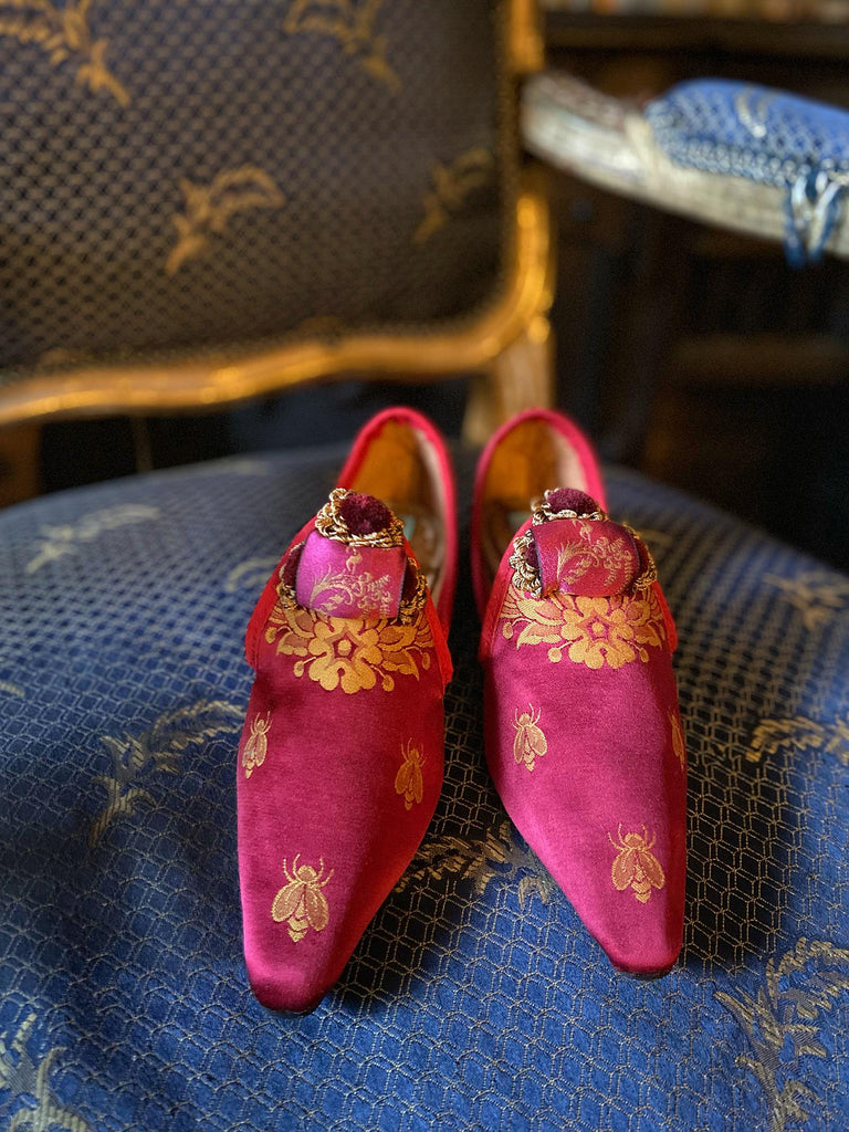 Napoleon bees and wreath silk bohemian shoes created from antique textiles by Pavilion Parade. Raspberry red, pink and gold.
