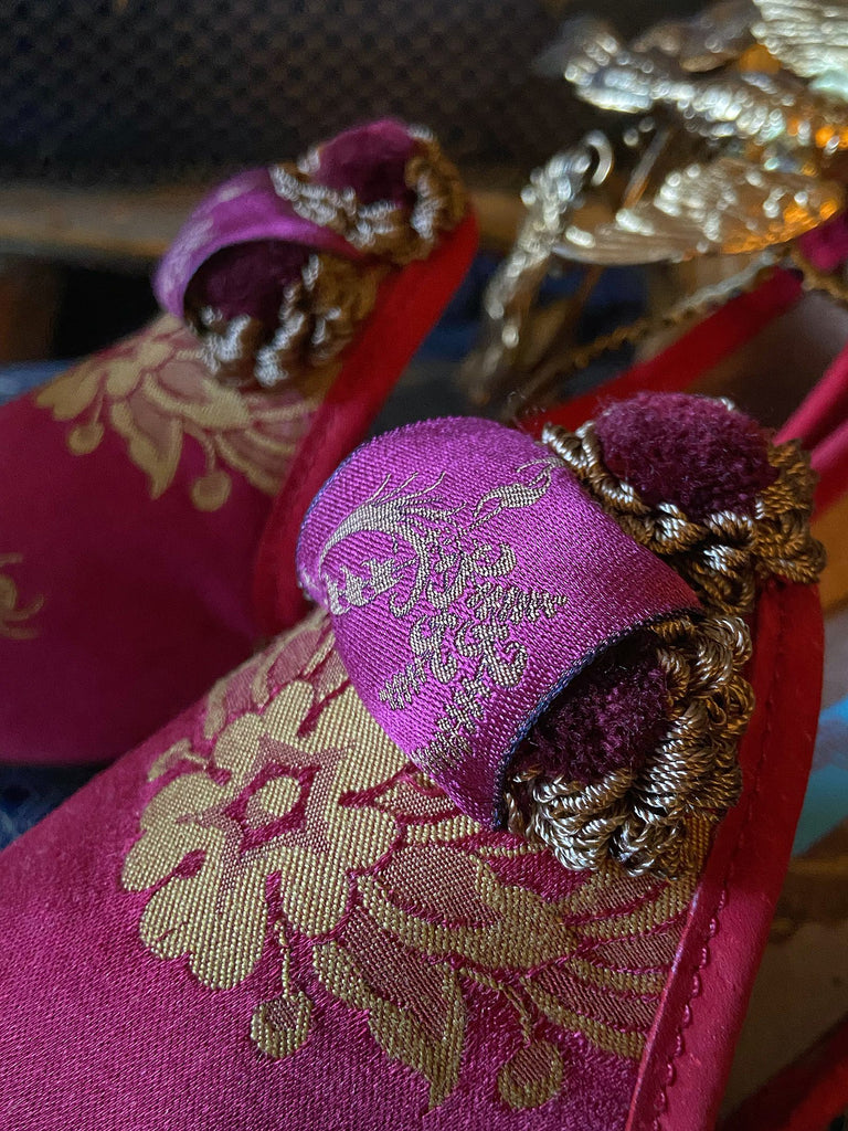 Napoleon bees and wreath silk bohemian shoes created from antique textiles by Pavilion Parade. Raspberry red, pink and gold.