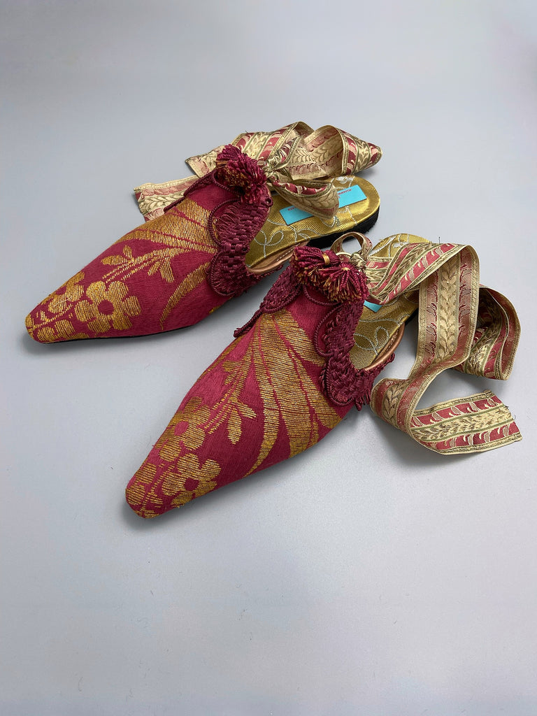 Tybalt metallic gold and raspberry silk brocade pointed toe shoes with antique ribbon ankle ties by Pavilion Parade 