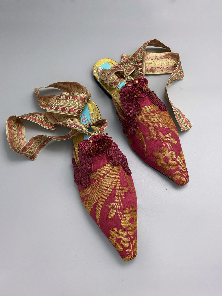 Tybalt metallic gold and raspberry silk brocade pointed toe shoes with antique ribbon ankle ties by Pavilion Parade 
