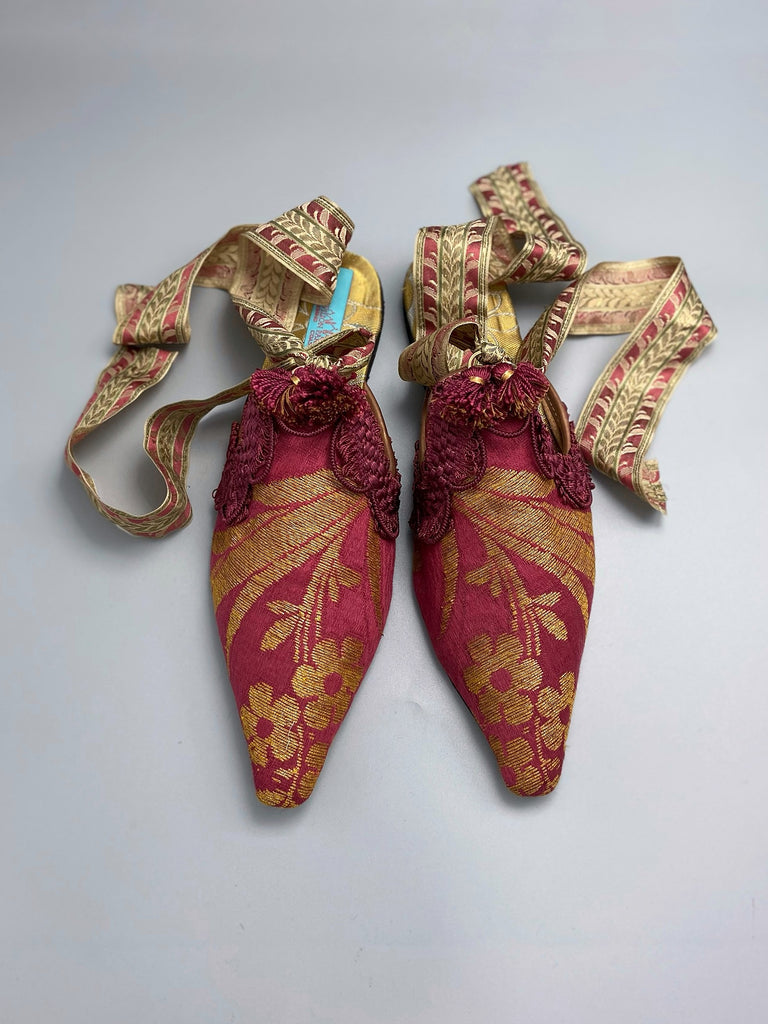 Tybalt metallic gold and raspberry silk brocade pointed toe shoes with antique ribbon ankle ties by Pavilion Parade 