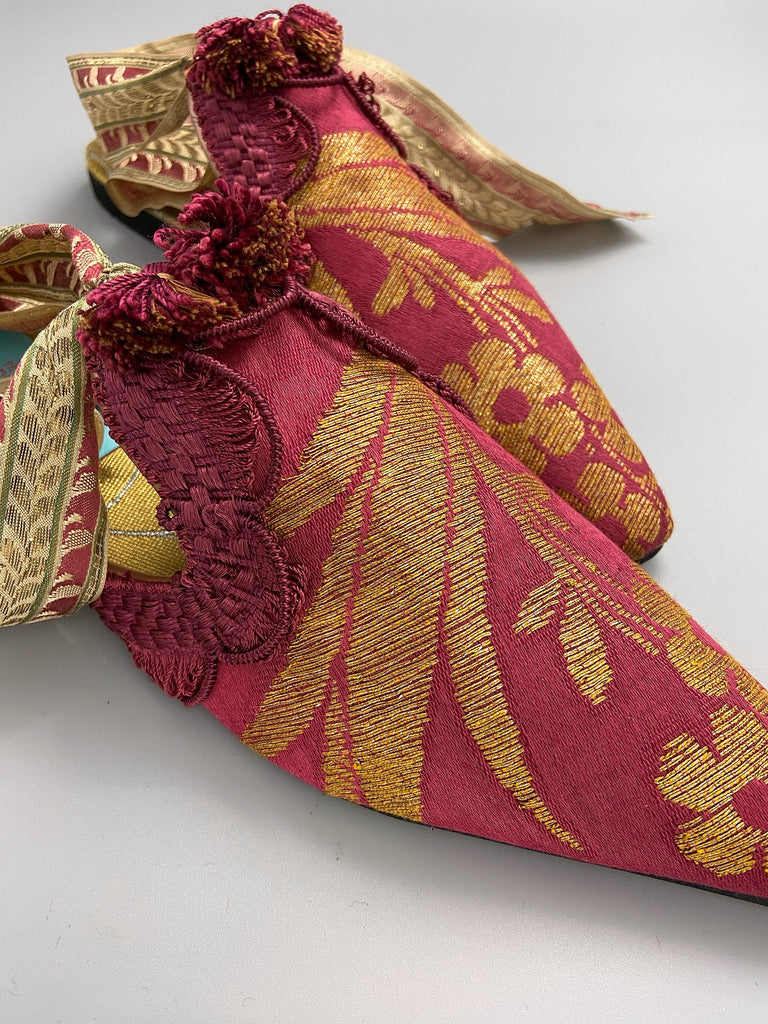 Tybalt metallic gold and raspberry silk brocade pointed toe shoes with antique ribbon ankle ties by Pavilion Parade 