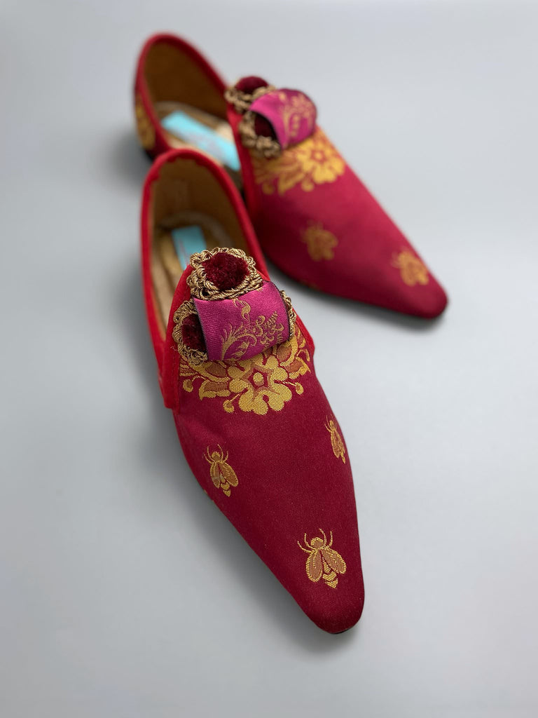 Napoleon bees and wreath silk bohemian shoes created from antique textiles by Pavilion Parade. Raspberry red, pink and gold.