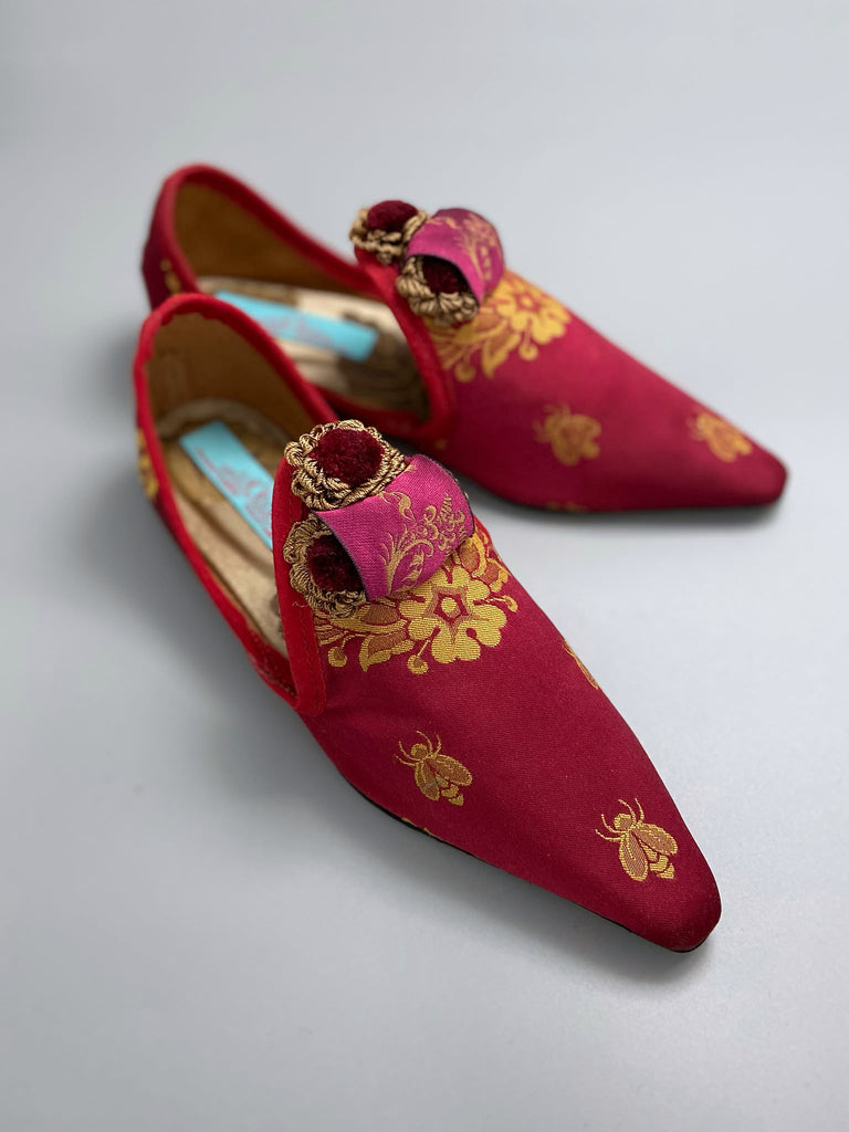 Napoleon bees and wreath silk bohemian shoes created from antique textiles by Pavilion Parade. Raspberry red, pink and gold.