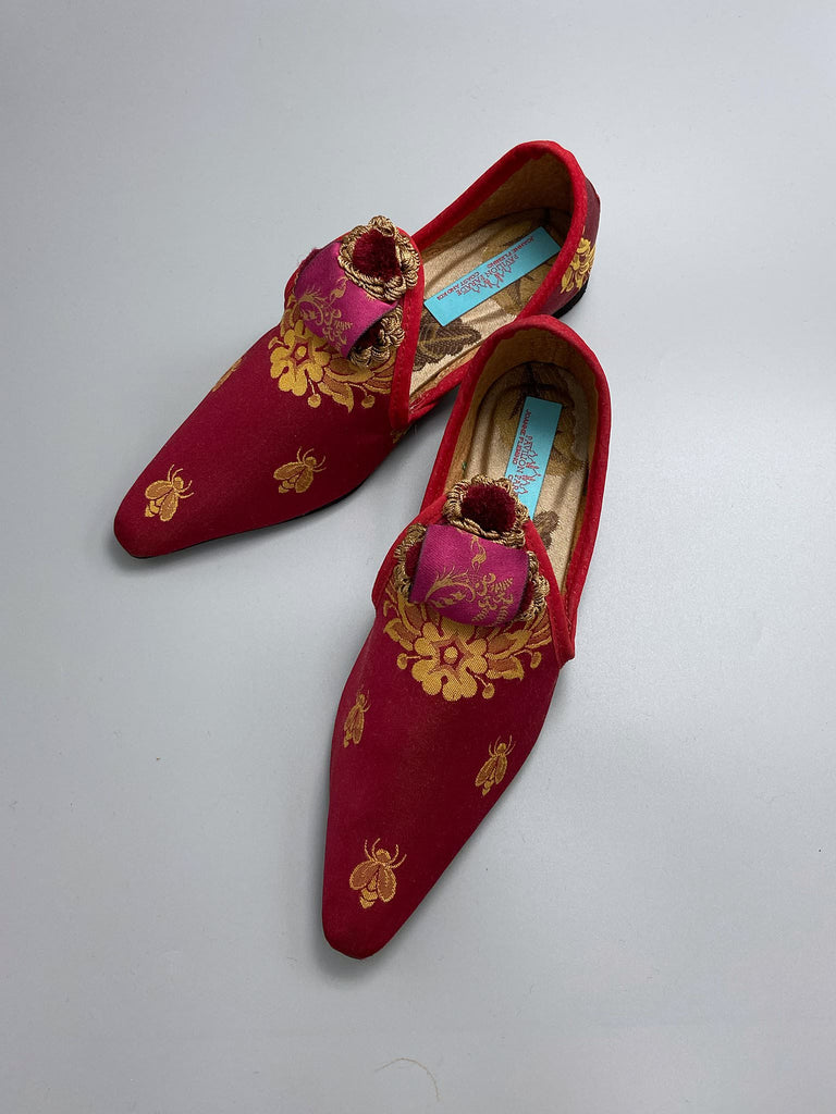 Napoleon bees and wreath silk bohemian shoes created from antique textiles by Pavilion Parade. Raspberry red, pink and gold.