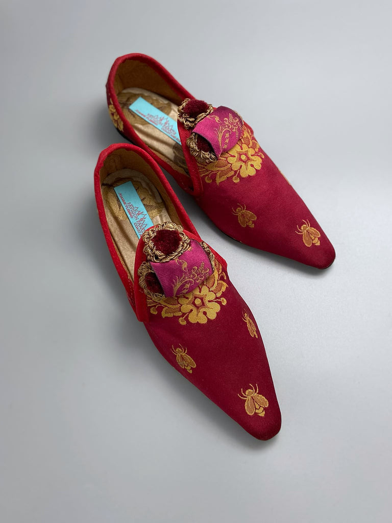 Napoleon bees and wreath silk bohemian shoes created from antique textiles by Pavilion Parade. Raspberry red, pink and gold.