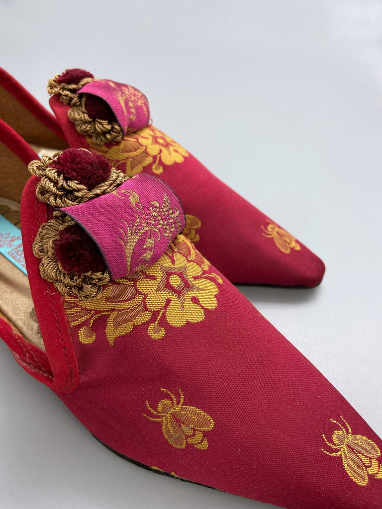 Napoleon bees and wreath silk bohemian shoes created from antique textiles by Pavilion Parade. Raspberry red, pink and gold.