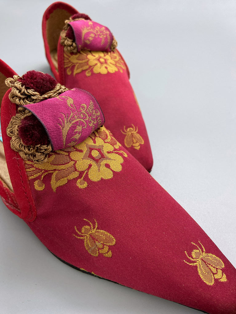 Napoleon bees and wreath silk bohemian shoes created from antique textiles by Pavilion Parade. Raspberry red, pink and gold.