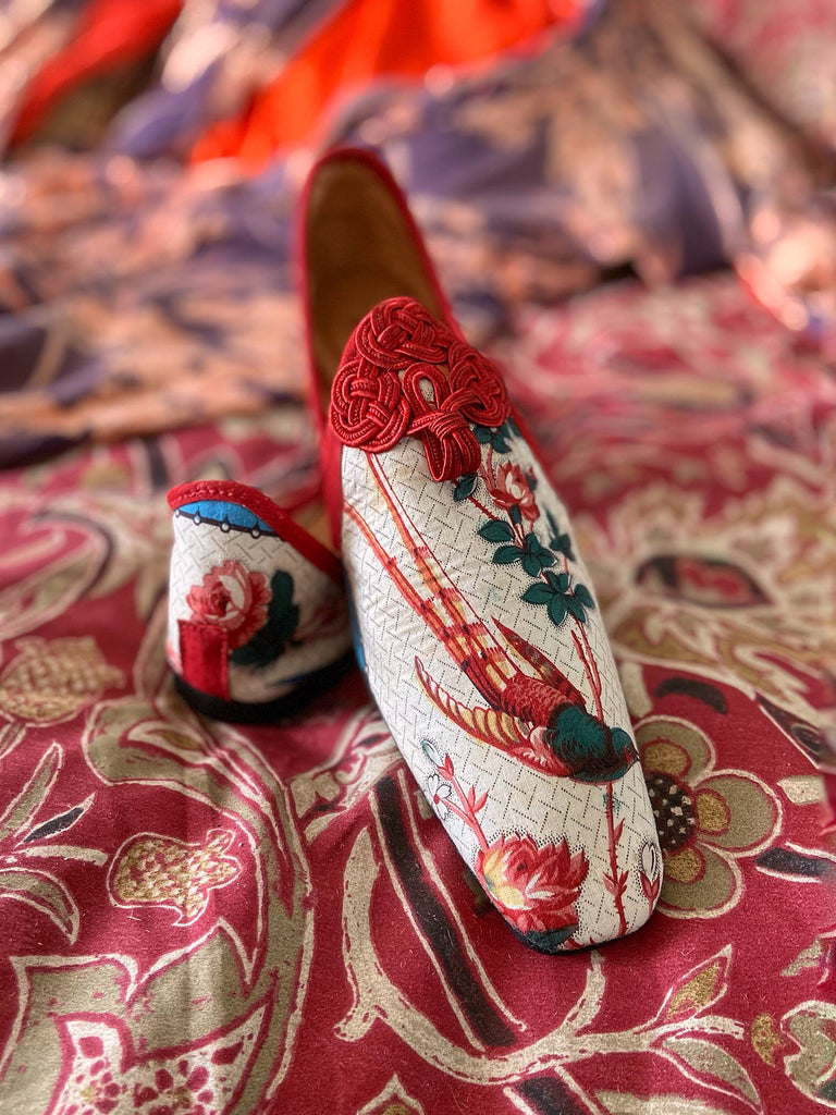 Red tailed comet hummingbird shoes created from antique textiles by Pavilion Parade