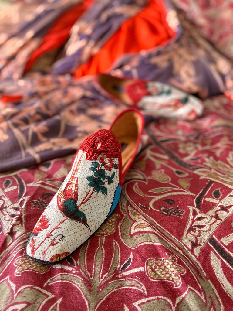 Red tailed comet hummingbird shoes created from antique textiles by Pavilion Parade