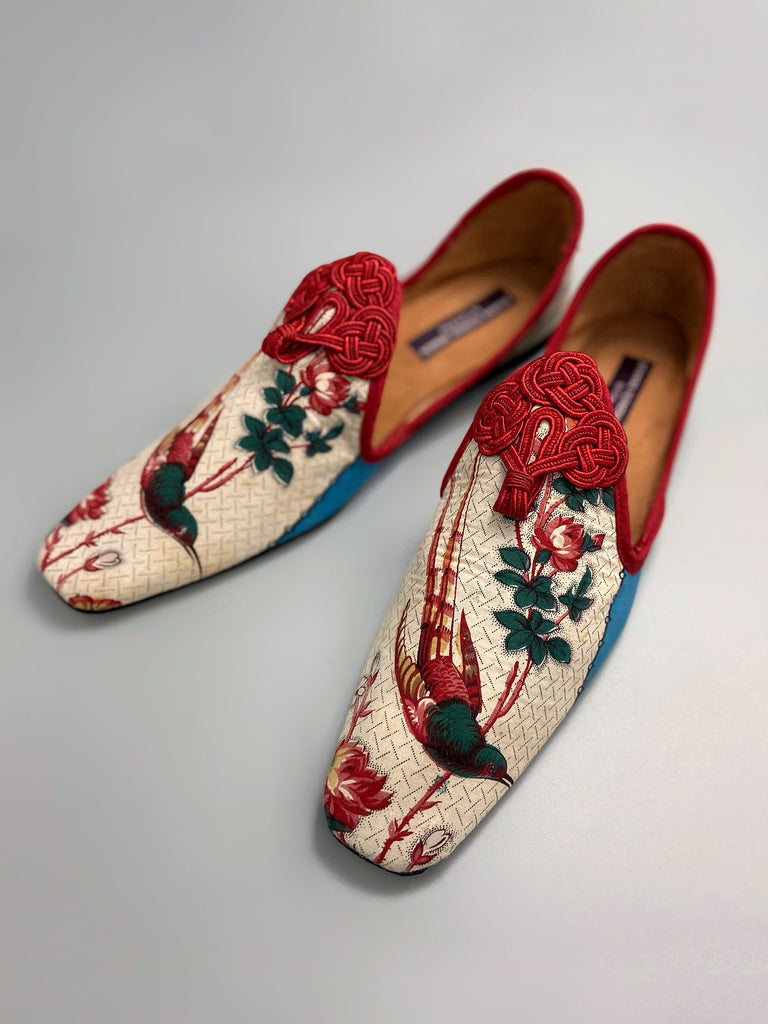 Red tailed comet hummingbird shoes created from antique textiles by Pavilion Parade