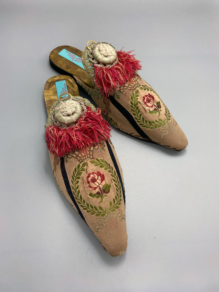 Rose Cartouche bohemian shoes  with coral silk ribbons created from antique textiles by Pavilion Parade