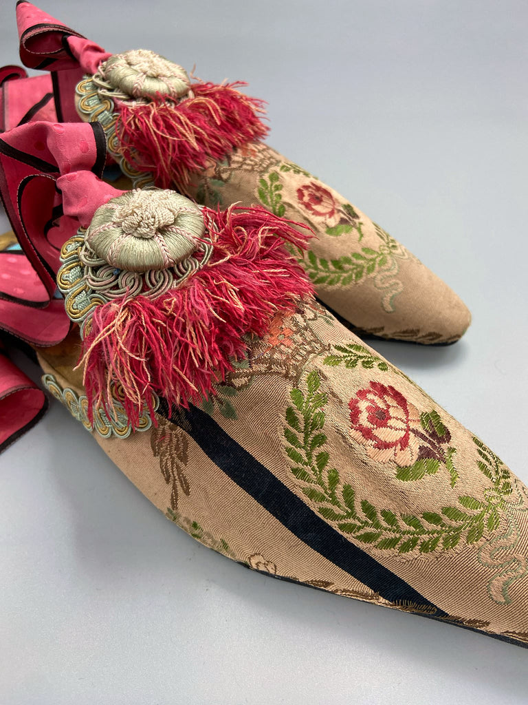 Rose Cartouche bohemian shoes  with coral silk ribbons created from antique textiles by Pavilion Parade