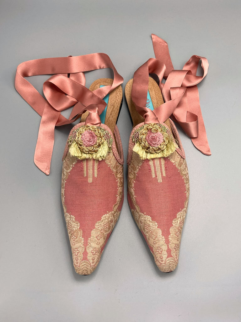 Rose pink pointed toe flat shoes created from antique French silk brocade by Pavilion Parade