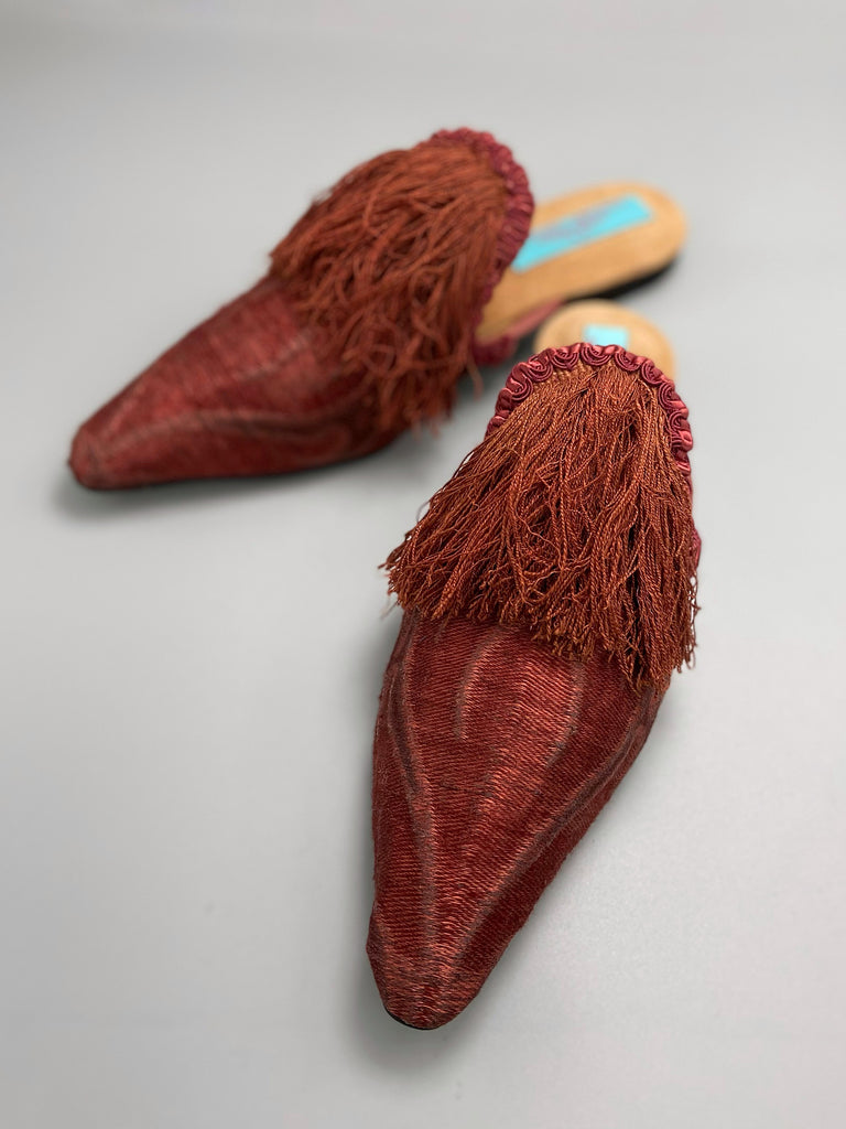Bronze rust silk shoes with 17th century Florentine long tassel fringe embellishment, created from antique textiles by Pavilion Parade