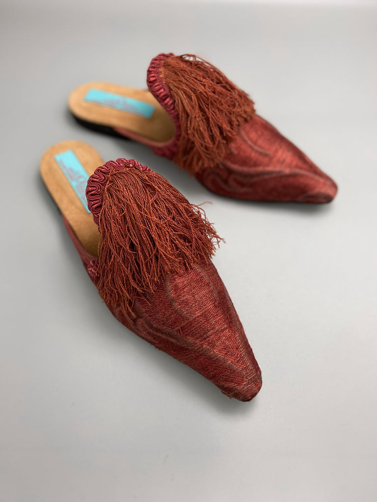 Bronze rust silk shoes with 17th century Florentine long tassel fringe embellishment, created from antique textiles by Pavilion Parade