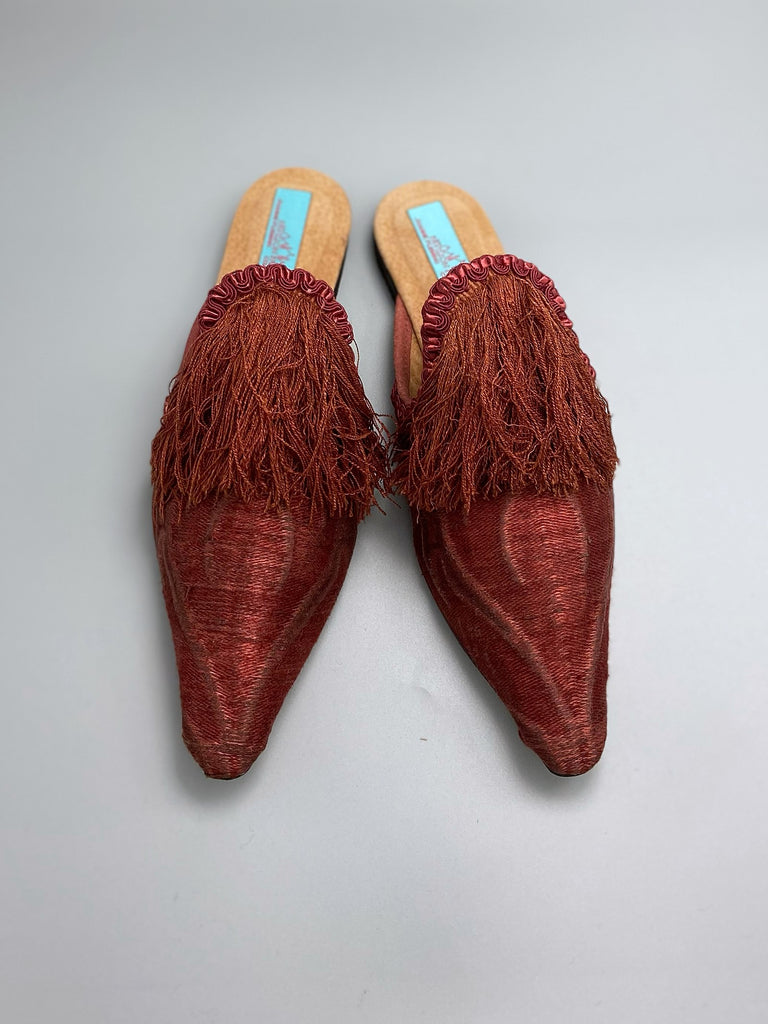 Bronze rust silk shoes with 17th century Florentine long tassel fringe embellishment, created from antique textiles by Pavilion Parade