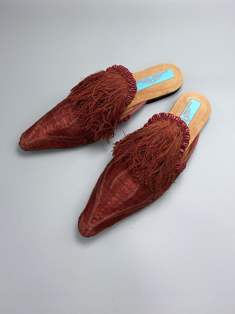 Bronze rust silk shoes with 17th century Florentine long tassel fringe embellishment, created from antique textiles by Pavilion Parade