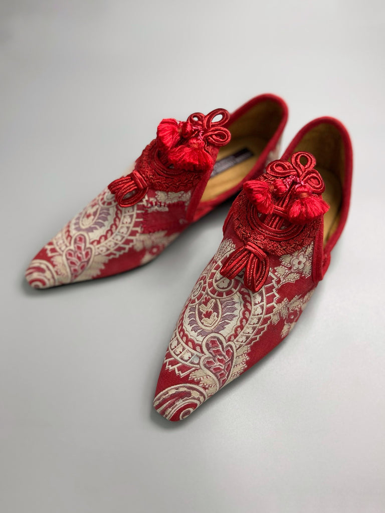 Scarlet Medallian red paisley boho shoes with antique soutache embellishment by Pavilion Parade