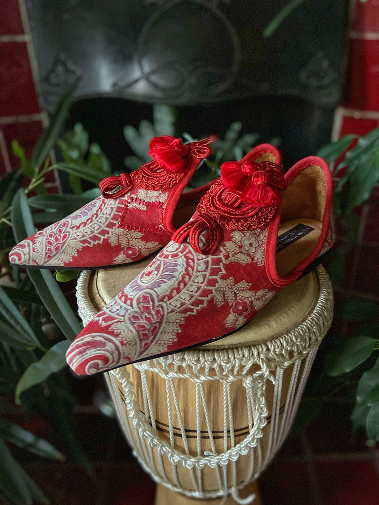 Scarlet Medallian red paisley boho shoes with antique soutache embellishment by Pavilion Parade