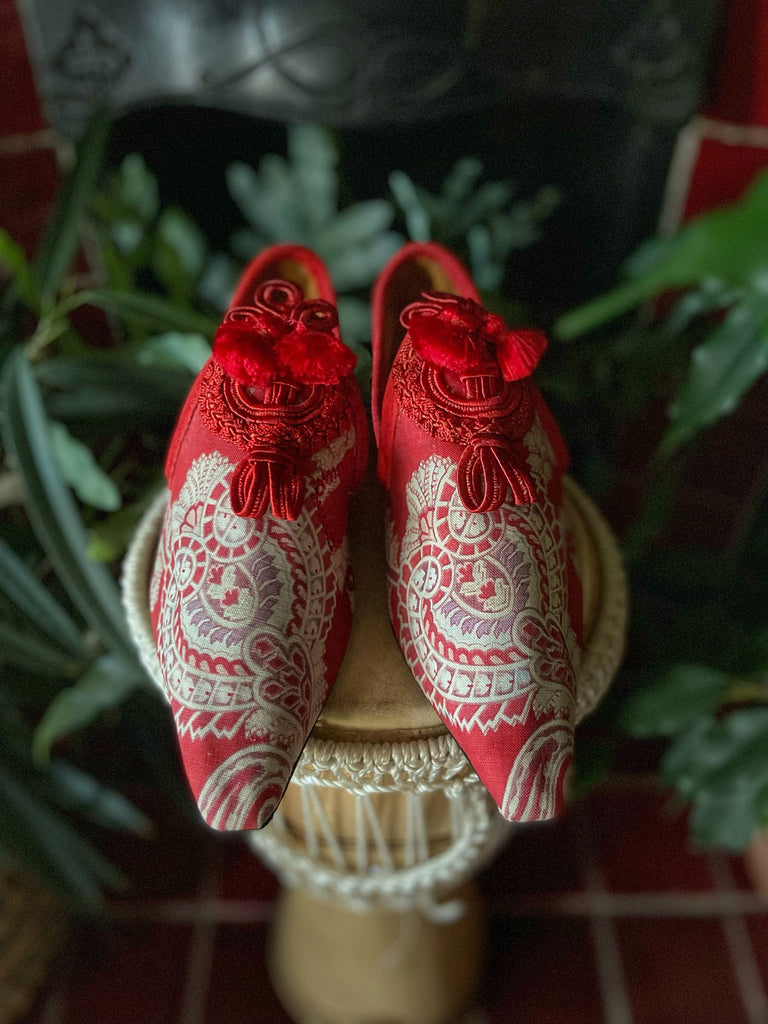 Scarlet Medallian red paisley boho shoes with antique soutache embellishment by Pavilion Parade
