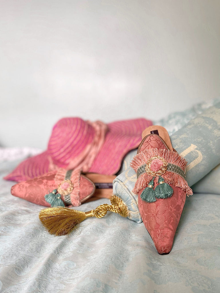 Pavilion Parade handmade bohemian shoes created from antique textiles, from Joanne Fleming Design. 19th century silk damask and tassel fringe form bohemian flat shoes in shades of rose pink and soft teal