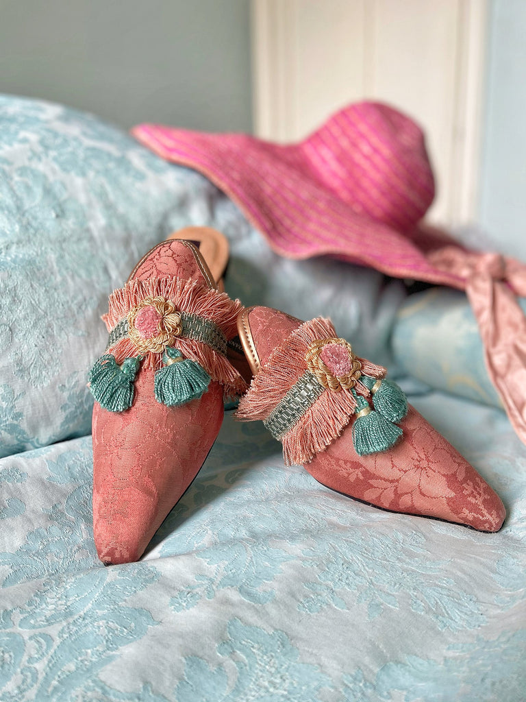 Pavilion Parade handmade bohemian shoes created from antique textiles, from Joanne Fleming Design. 19th century silk damask and tassel fringe form bohemian flat shoes in shades of rose pink and soft teal