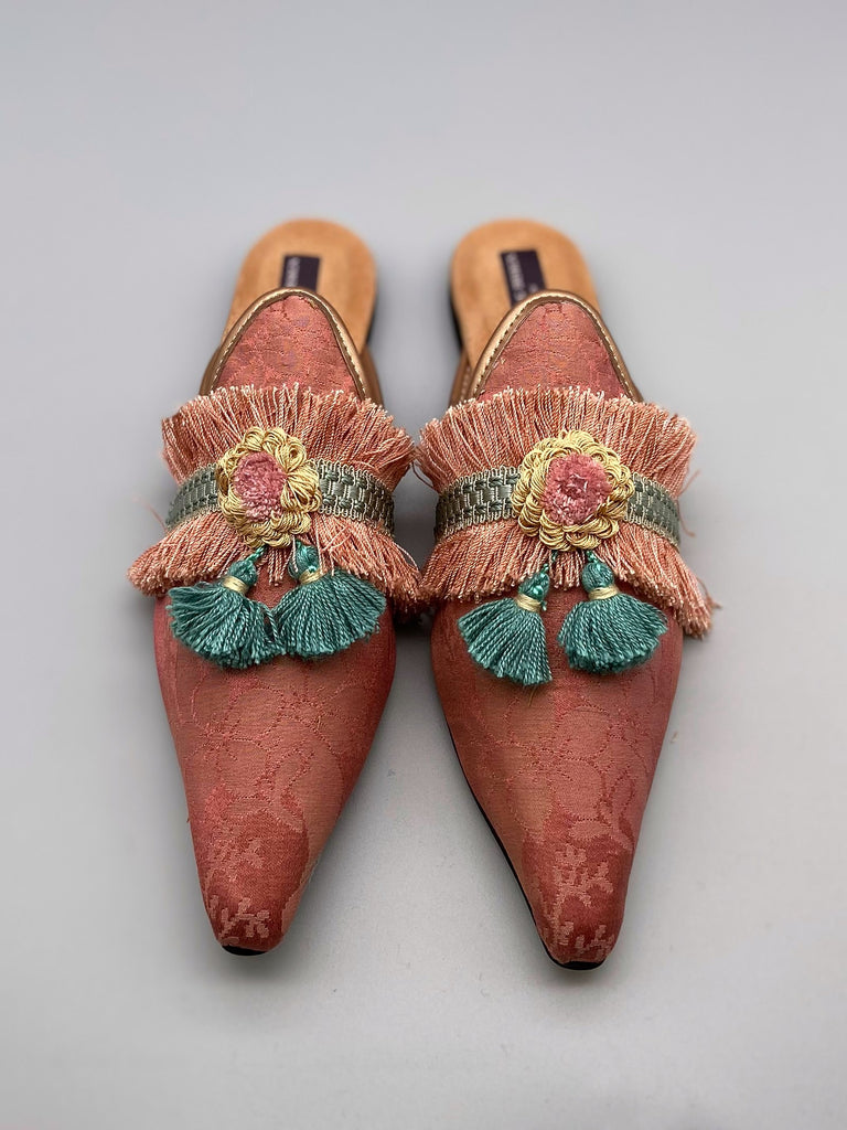 Pavilion Parade handmade bohemian shoes created from antique textiles, from Joanne Fleming Design. 19th century silk damask and tassel fringe form bohemian flat shoes in shades of rose pink and soft teal