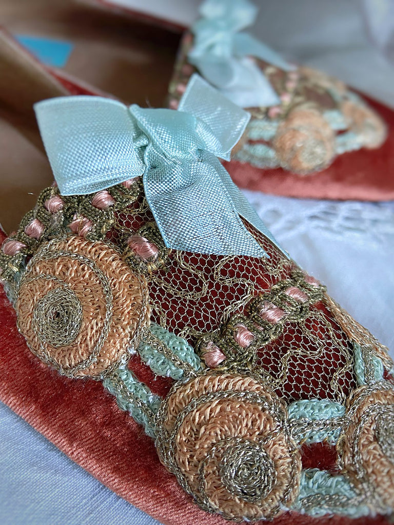 Lulu silk velvet and lace boudoir slipper shoes with powder blue bows. Created from antique textiles by Pavilion Parade. 