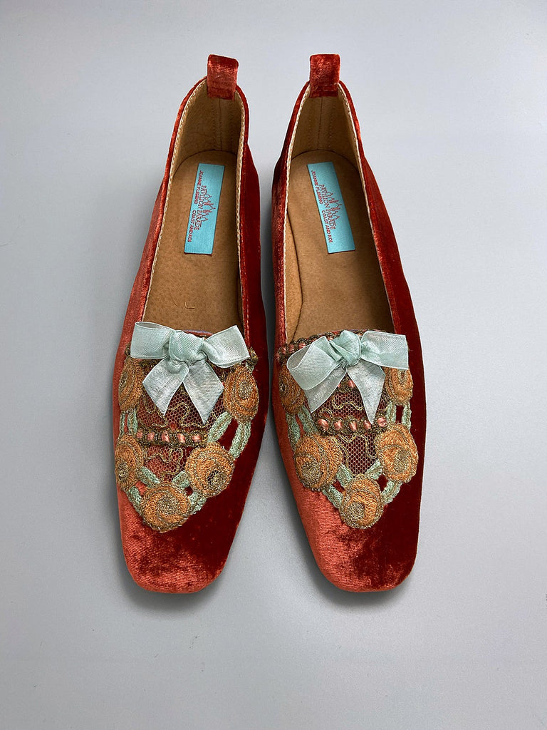 Lulu silk velvet and lace boudoir slipper shoes with powder blue bows. Created from antique textiles by Pavilion Parade. 