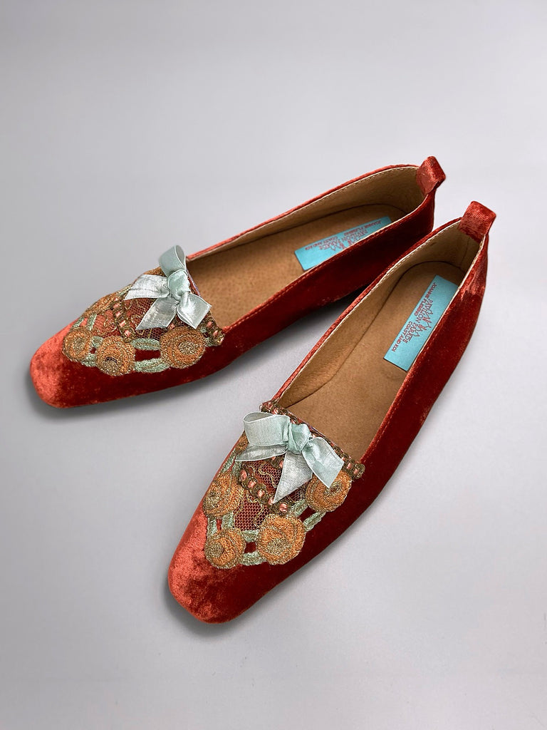 Lulu silk velvet and lace boudoir slipper shoes with powder blue bows. Created from antique textiles by Pavilion Parade. 