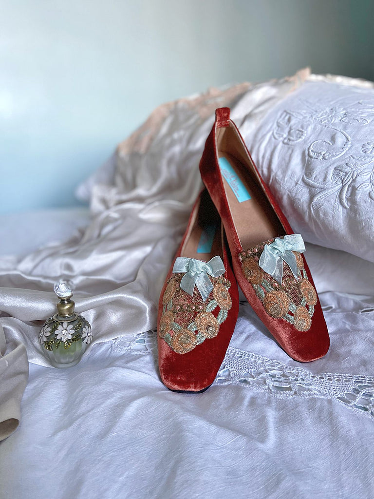 Lulu silk velvet and lace boudoir slipper shoes with powder blue bows. Created from antique textiles by Pavilion Parade. 