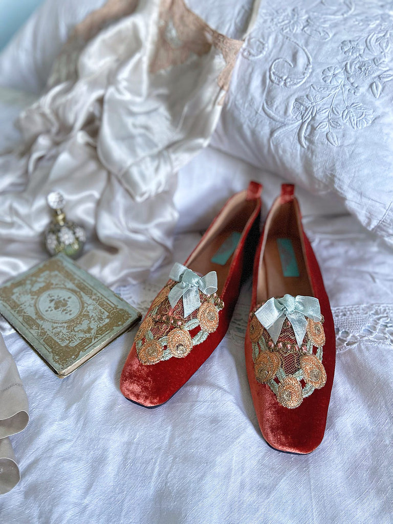 Lulu silk velvet and lace boudoir slipper shoes with powder blue bows. Created from antique textiles by Pavilion Parade. 